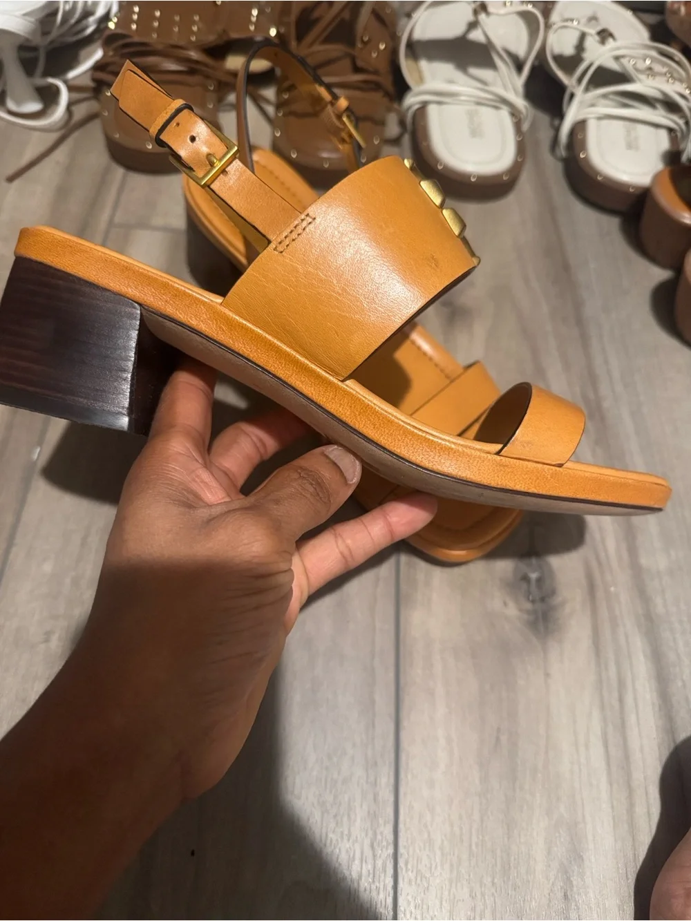 Tory Burch Eleanor Two-Band Medallion Slingback Sandals Cognac